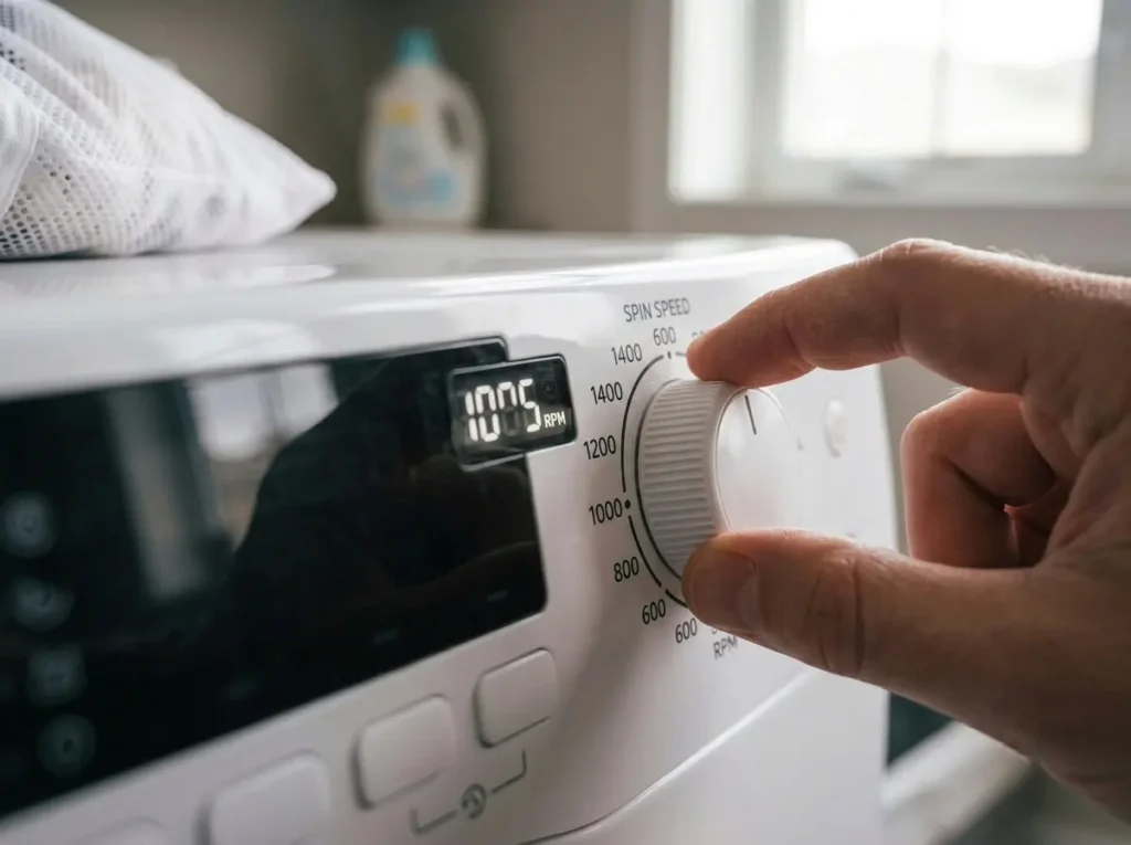 Fingers adjusting the spin speed dial on an LG washer to a moderate RPM setting
