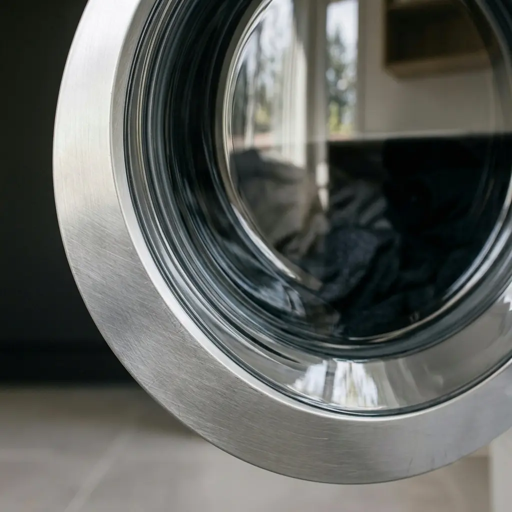 Close-up of a front load washer's tempered glass door and metallic trim accent