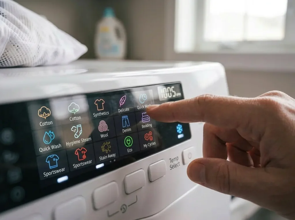 Modern LG washer touchscreen displaying a Specialty cycles category menu
