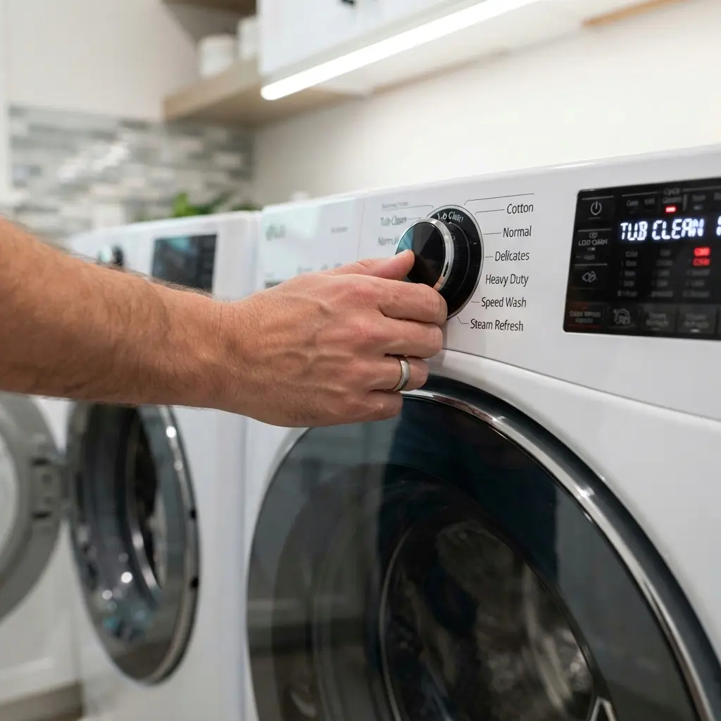 Selecting the Tub Clean cycle on an LG washing machine dial. clean lg washing machine guide