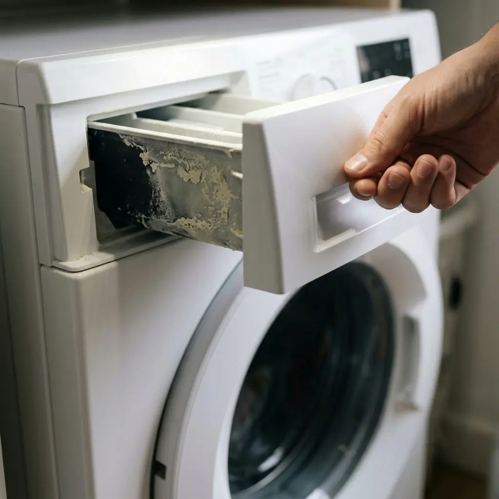 Clogged detergent dispenser causing LG washer white residue