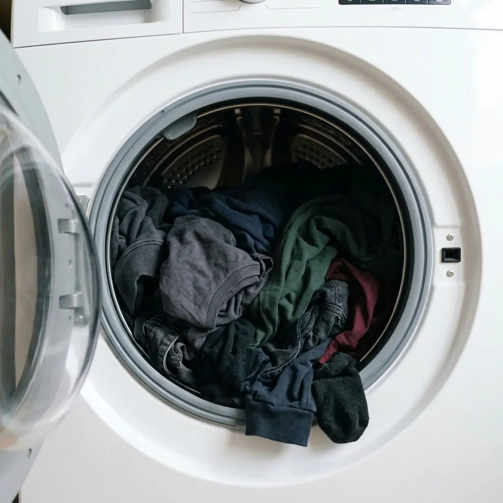 Overloaded LG washer drum causing white residue on clothes