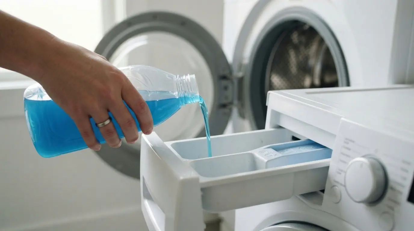 Pouring detergent into LG washing machine dispenser for hard water wash