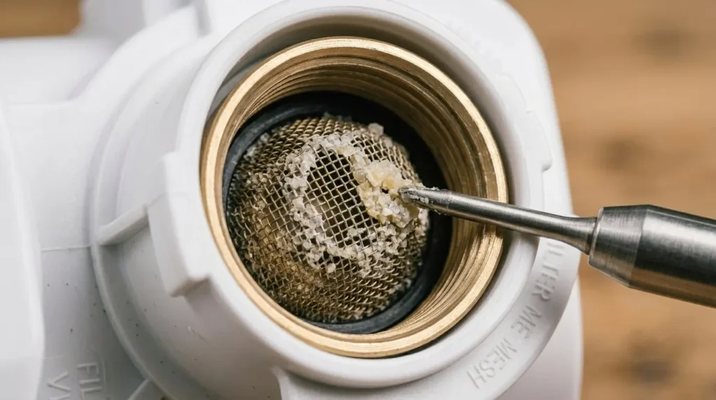 Mineral scale buildup on an LG washing machine water inlet valve from hard water