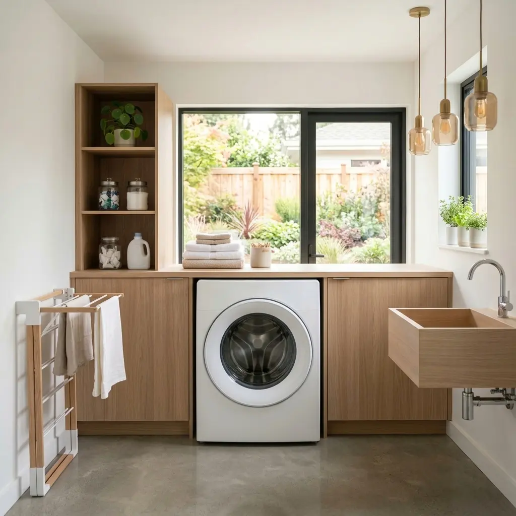 Newly installed LG washing machine in a laundry room