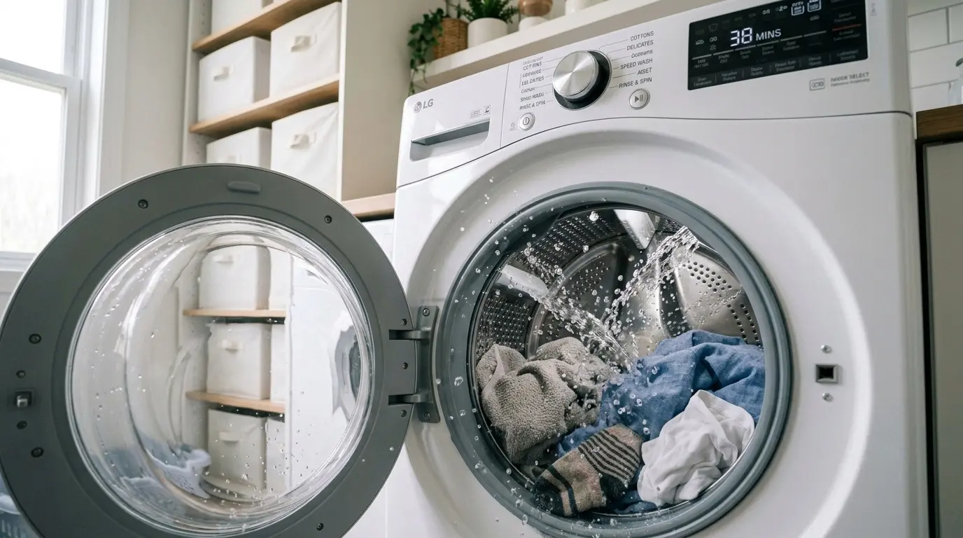 LG washing machine TurboWash spraying water onto a laundry load