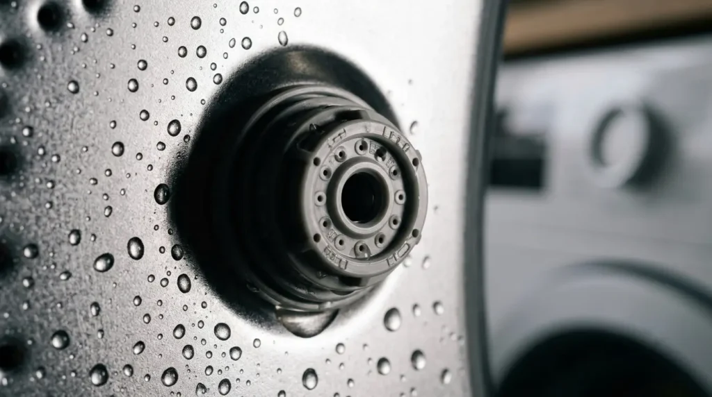Close-up of an LG TurboWash nozzle inside the washing machine drum