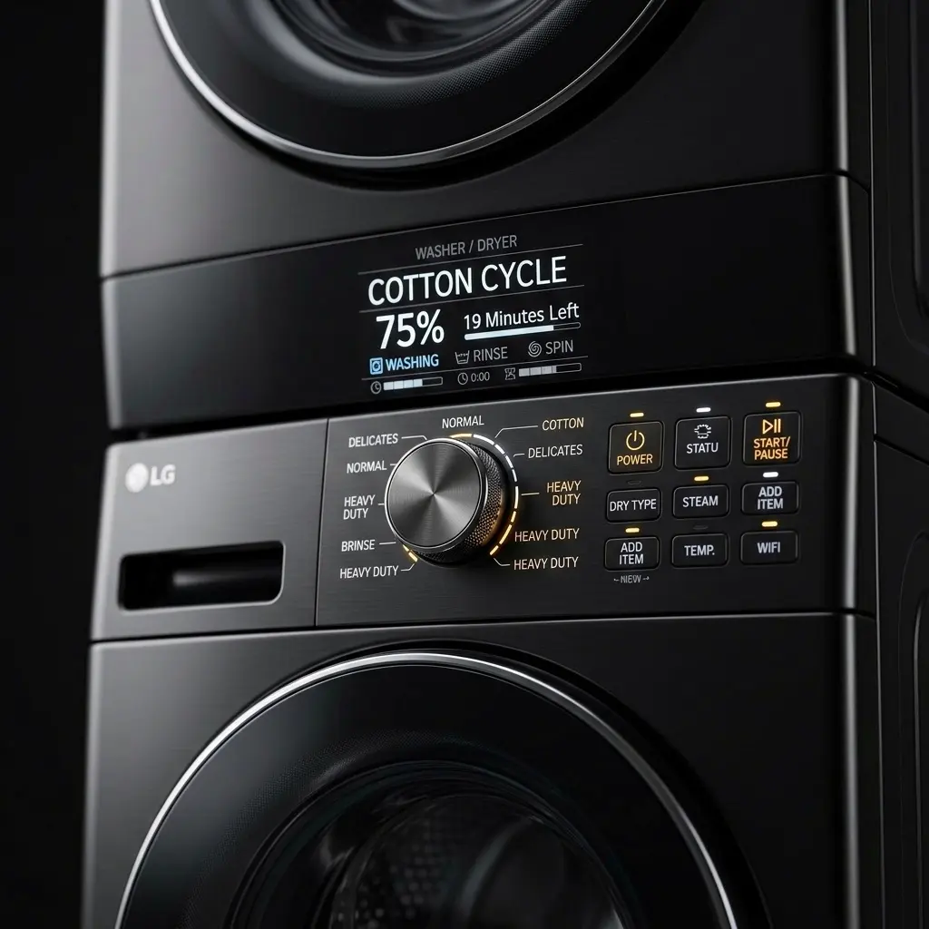 Close-up of the LG WashTower Center Control panel with LED display"
