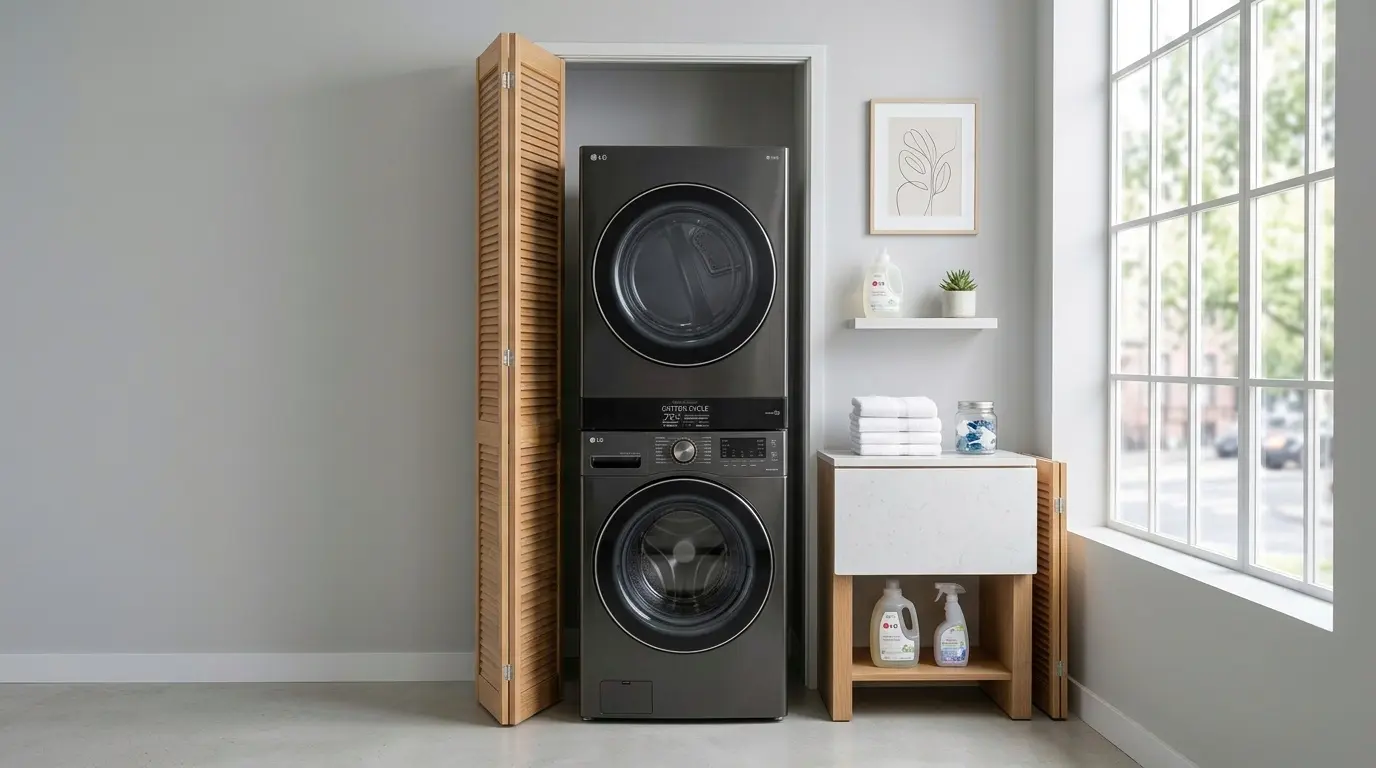 LG WashTower black steel single-unit washer and dryer in a modern laundry room
