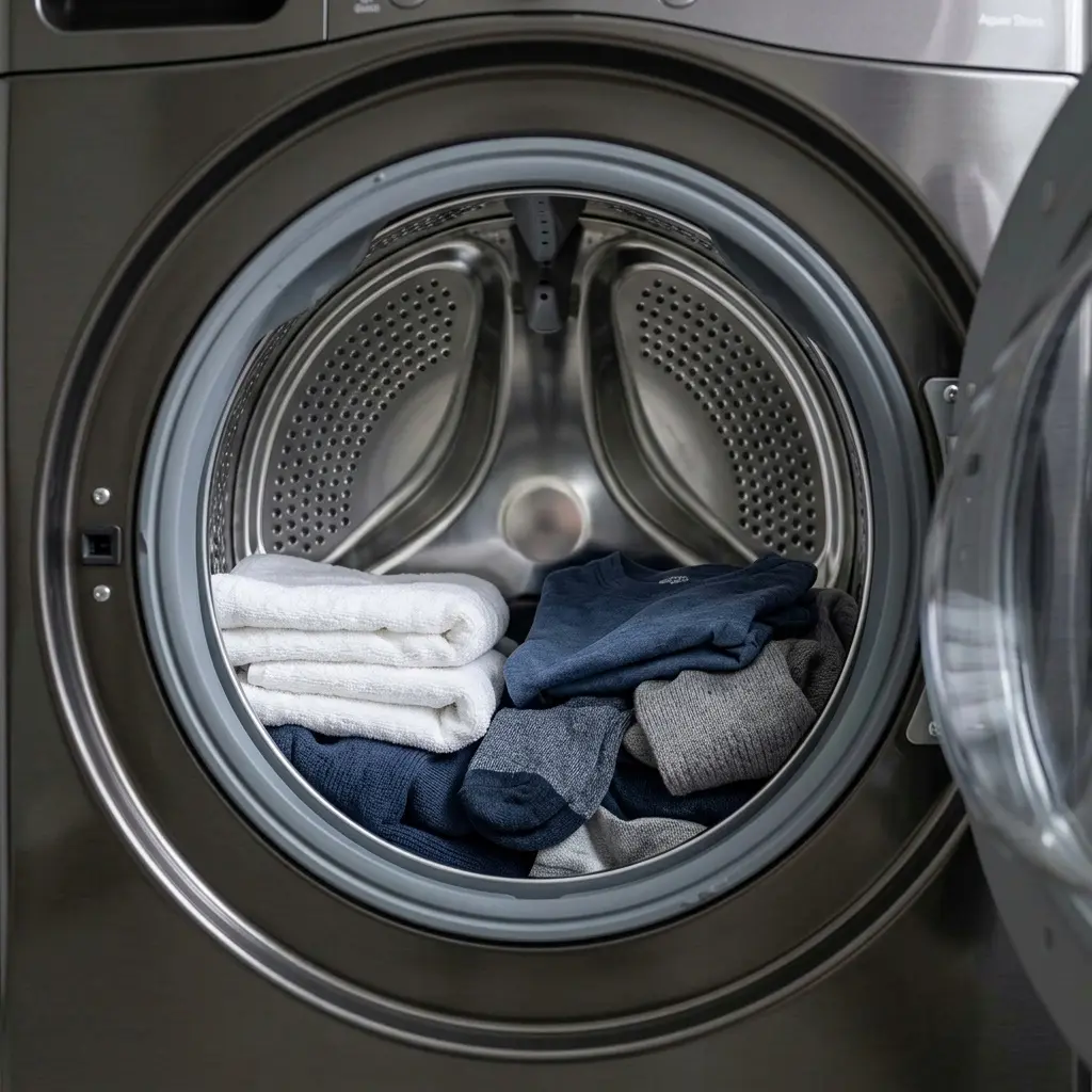 Open front-load washer drum on the LG WashTower loaded with clothes"