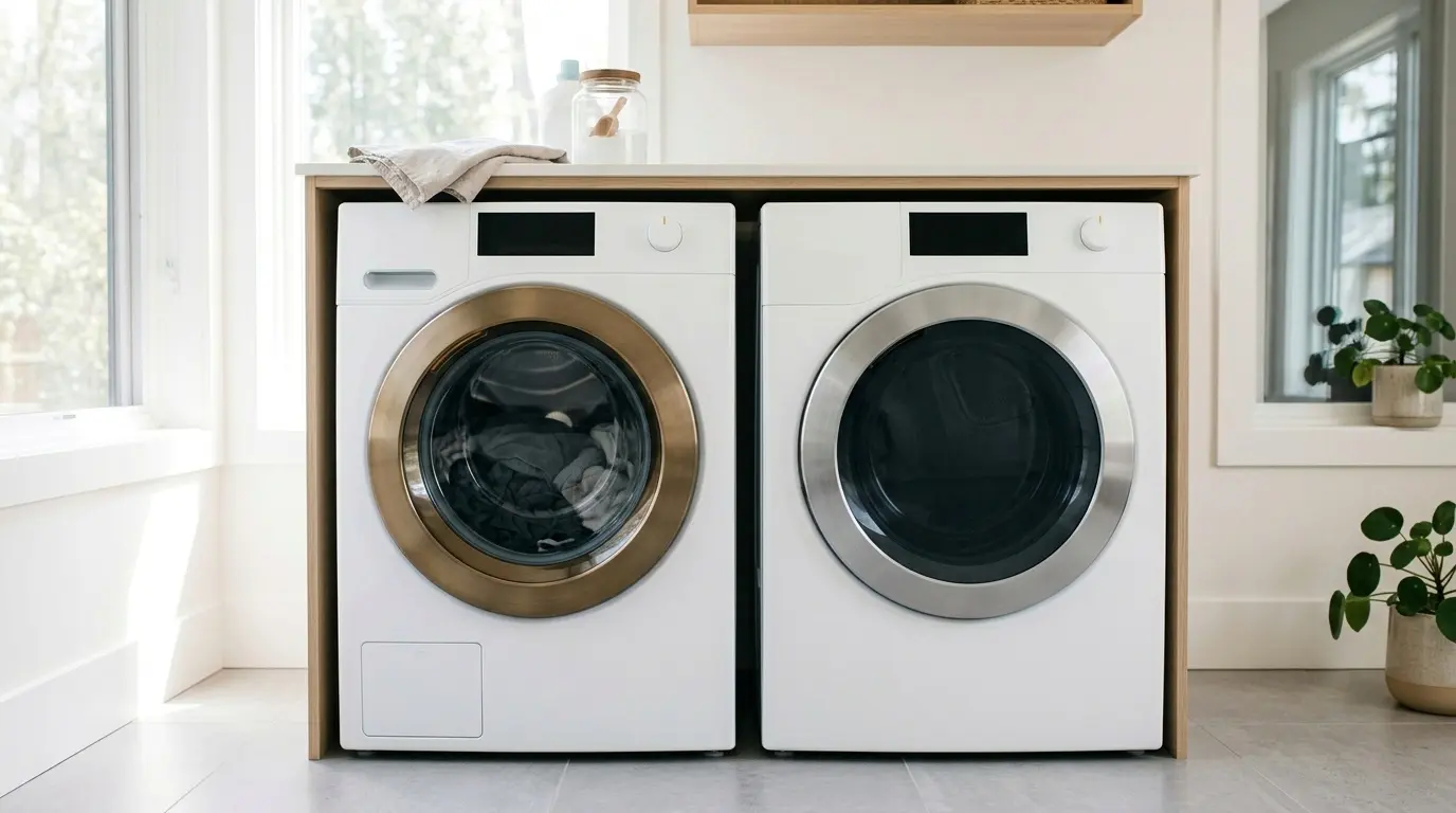 LG WM4000 and LG WM3900 front load washers standing side by side in a modern laundry room