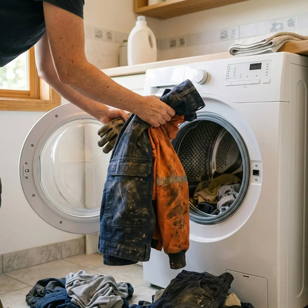 Loading work clothes into washing machine for stain removal