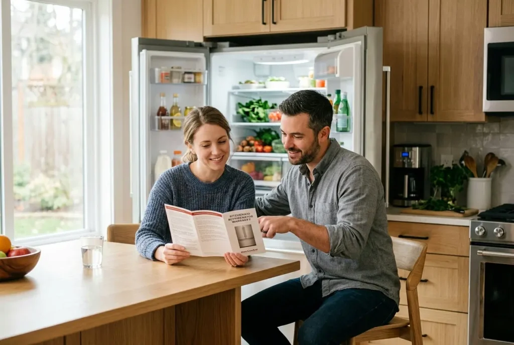 Couple reviewing extended warranty options for a Maytag refrigerator