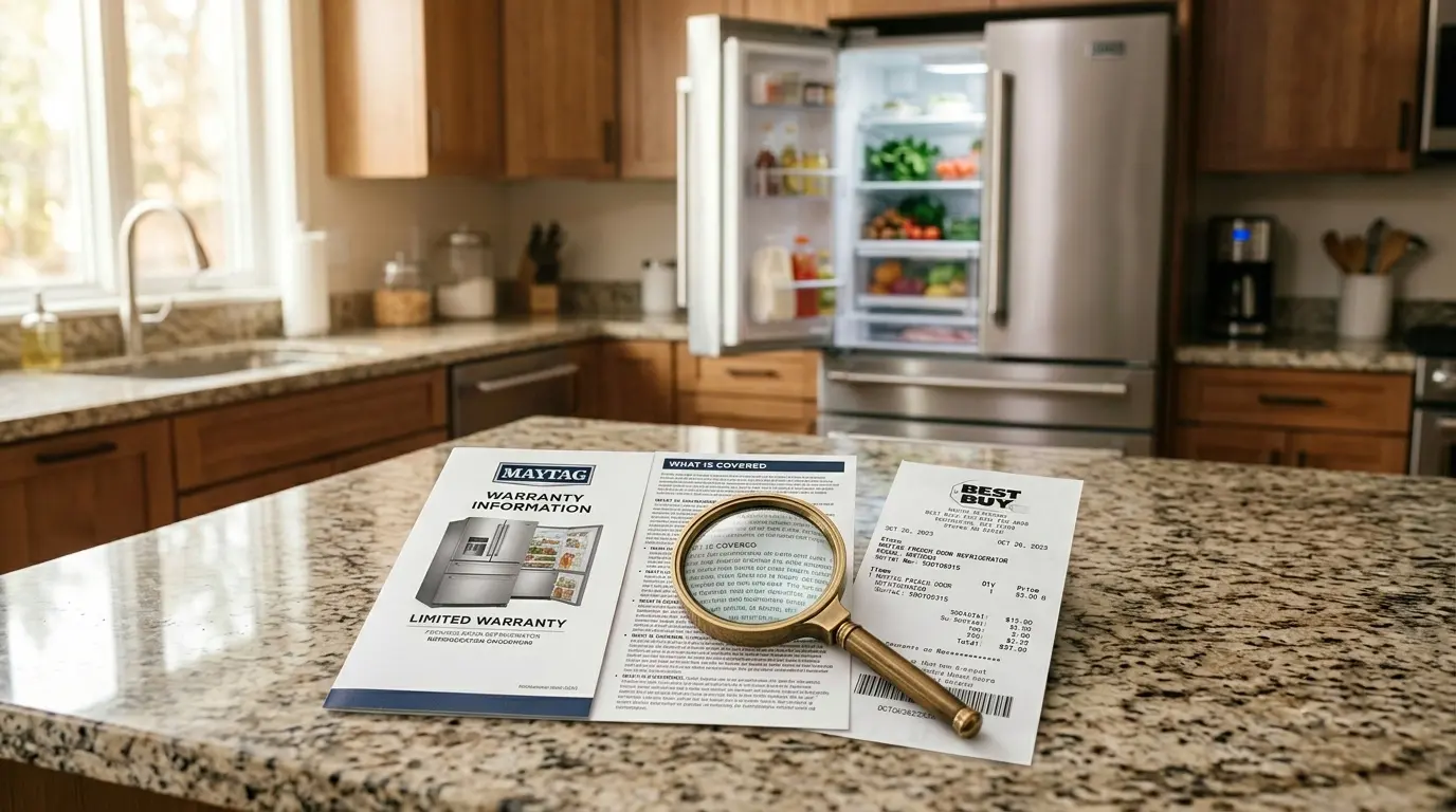 Maytag refrigerator warranty card and receipt with magnifying glass on fine print"
