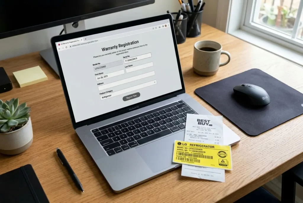 Registering a Maytag refrigerator warranty online with receipt and serial tag"