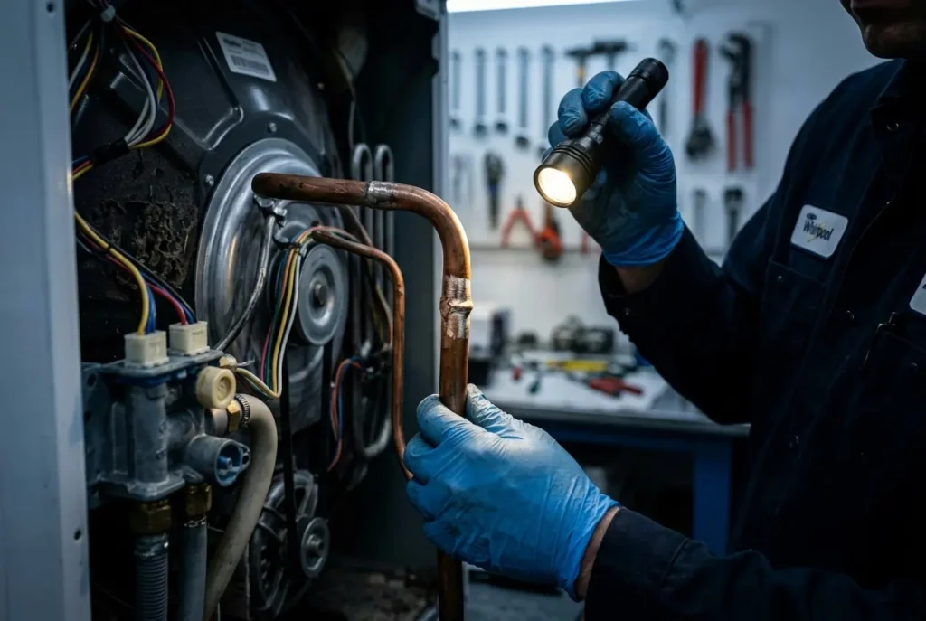 Technician inspecting a refrigerator sealed system line for prior repair damage"