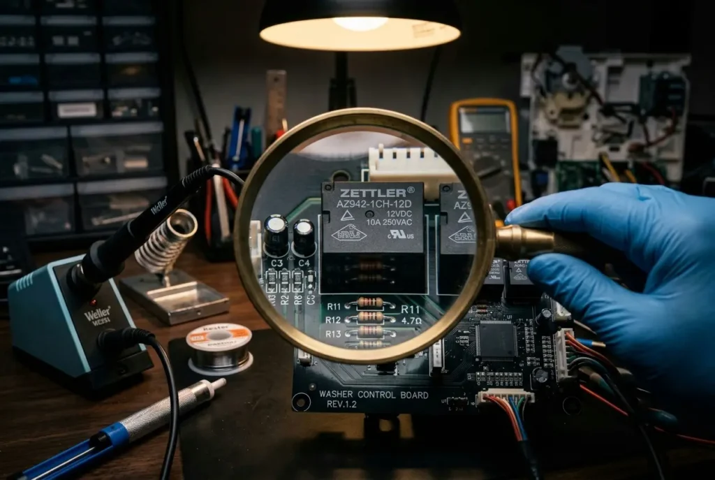 Inspecting a Maytag washer control board relay for a cracked solder joint