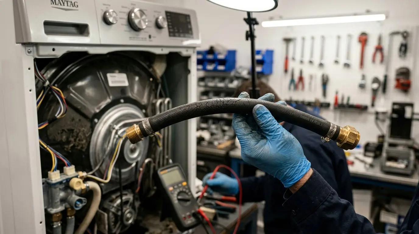 Technician diagnosing a Maytag washer that keeps restarting its cycle"