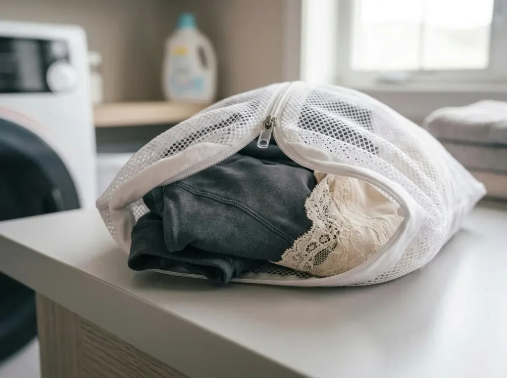Athletic top and lace garment placed inside a mesh delicates laundry bag