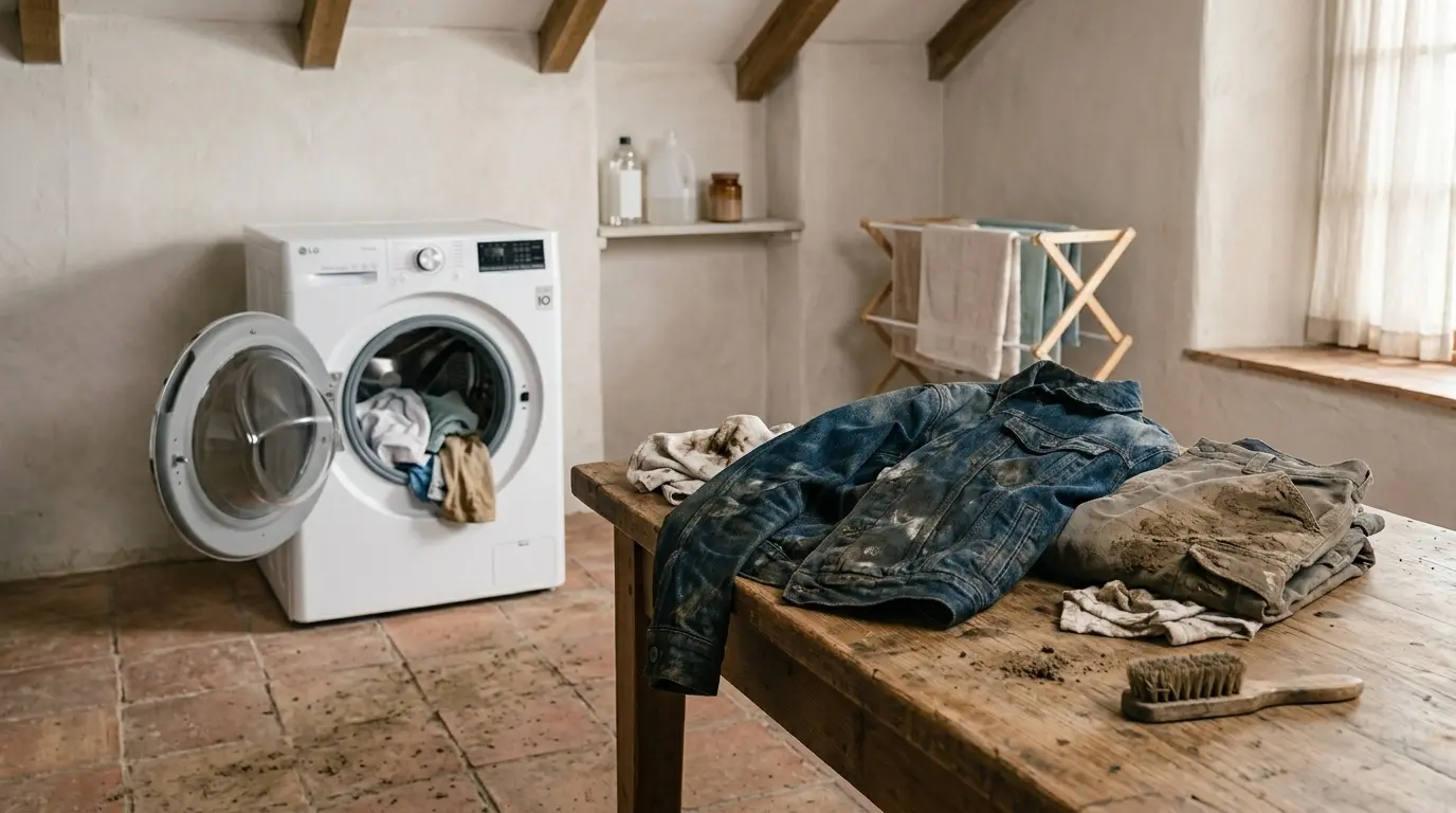 Muddy work pants before stain treatment