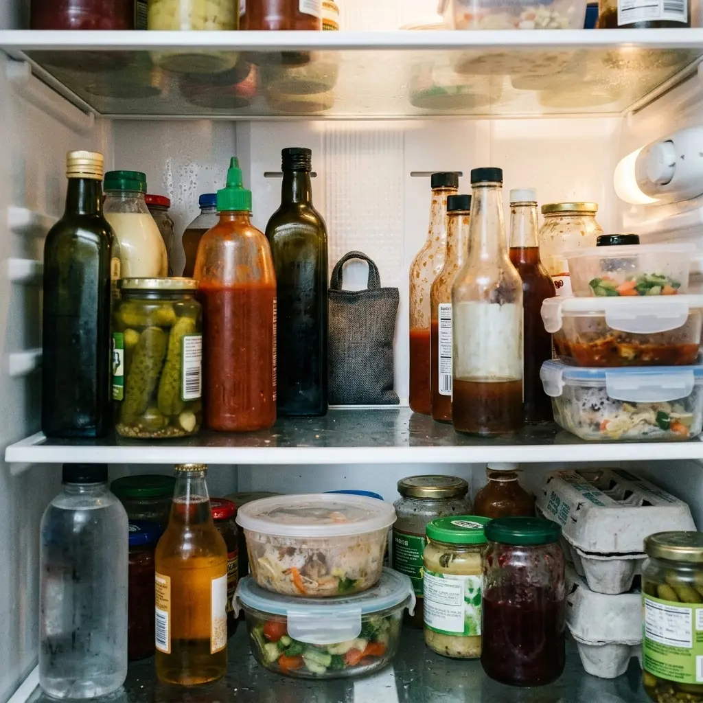 Odor absorber pouch tucked behind bottles on a crowded refrigerator shelf