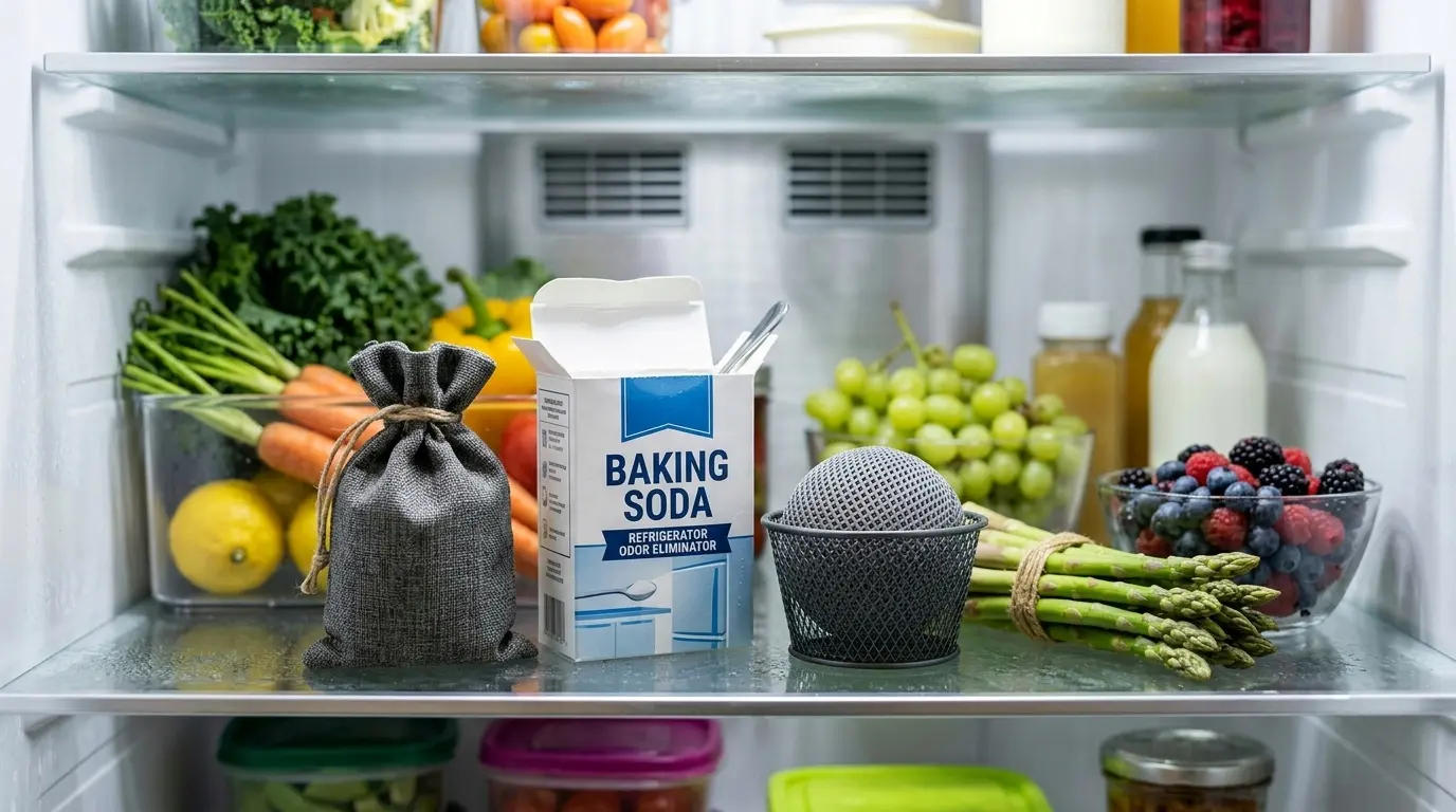 Odor absorber products arranged on a refrigerator shelf next to fresh produce