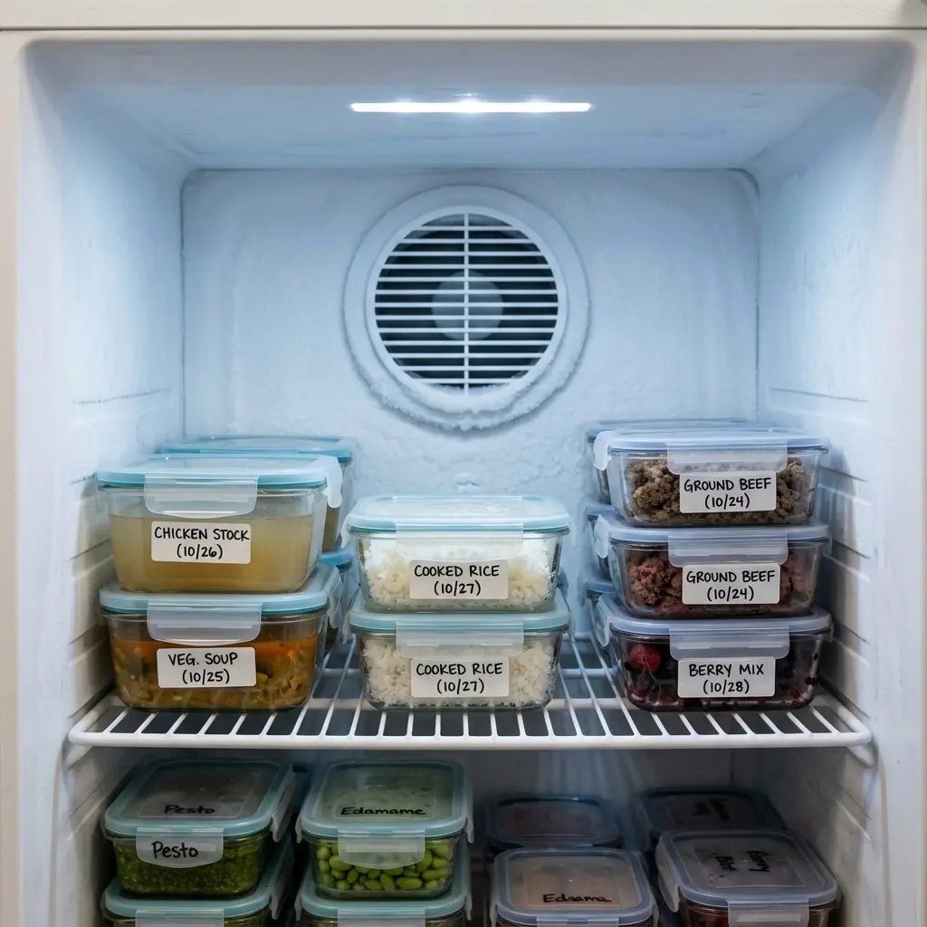 Organized freezer storage maintaining airflow vent clearance