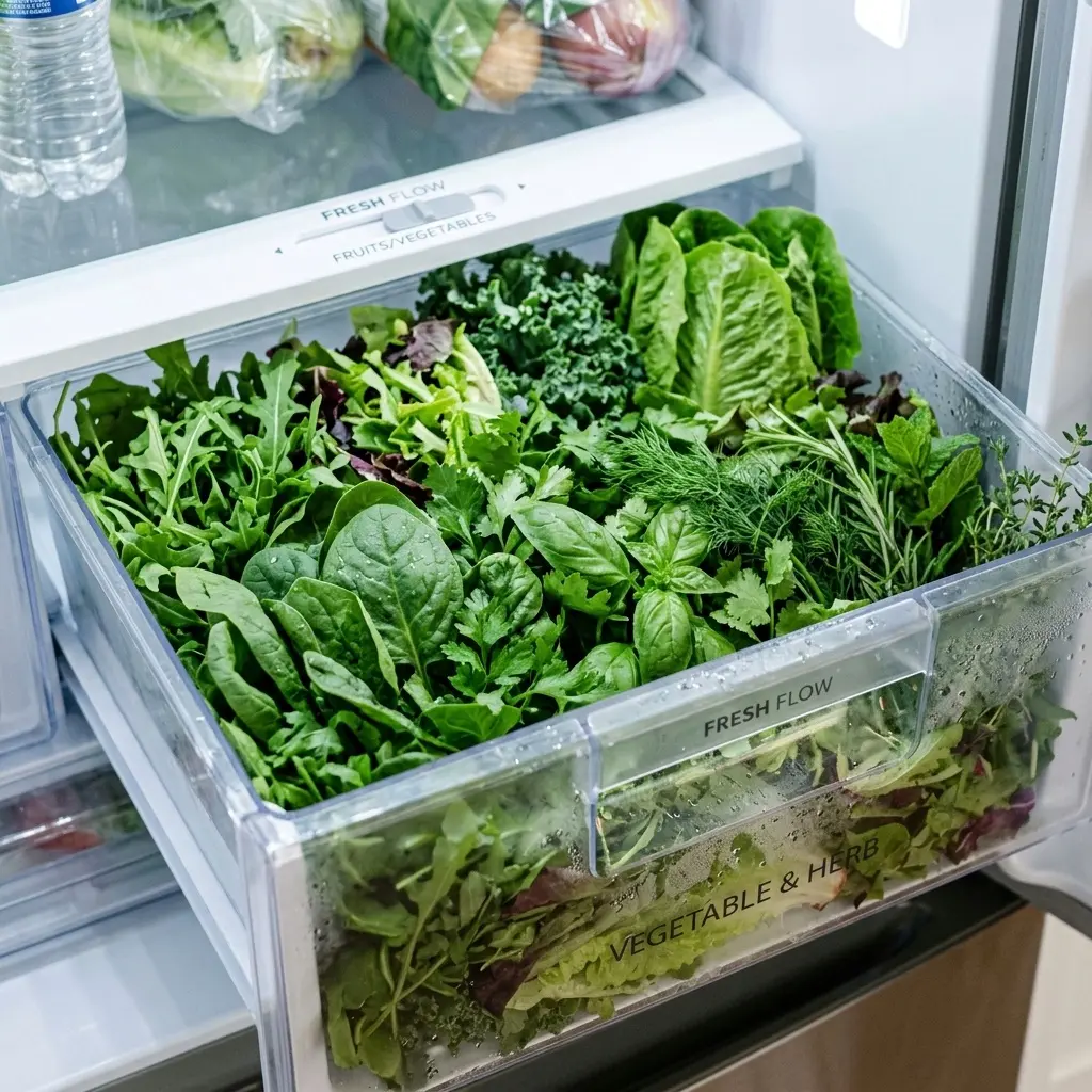 Crisper drawer with fresh leafy greens and herbs