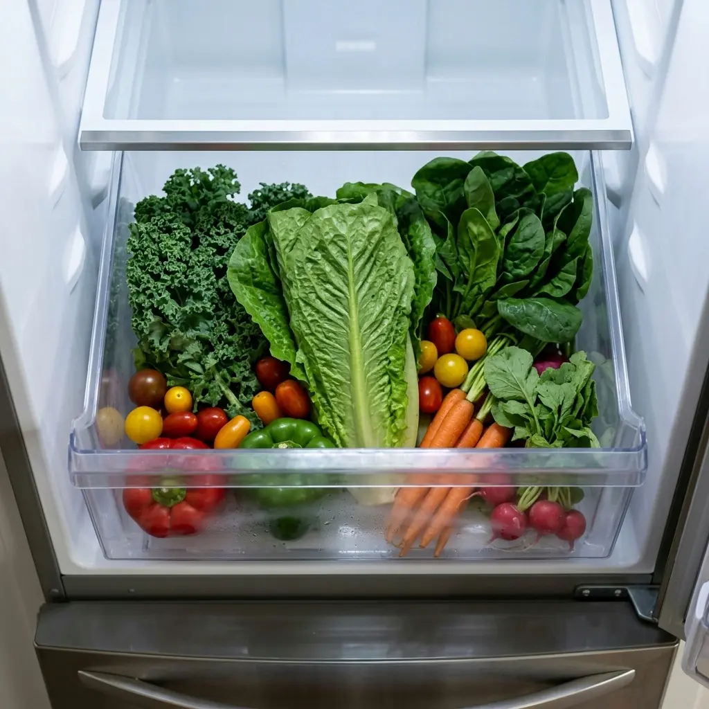 Fresh produce stored in a refrigerator's humidity-controlled crisper drawer