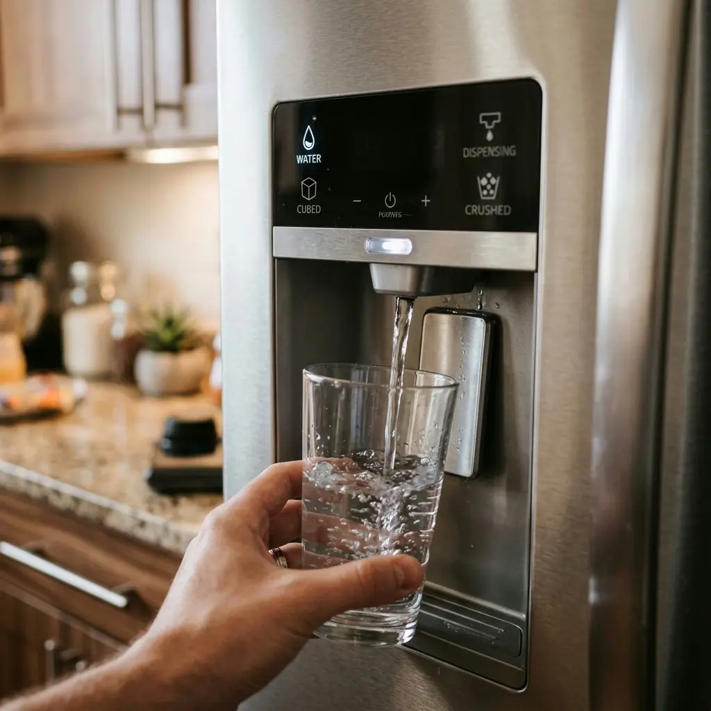 Refrigerator door water and ice dispenser in use