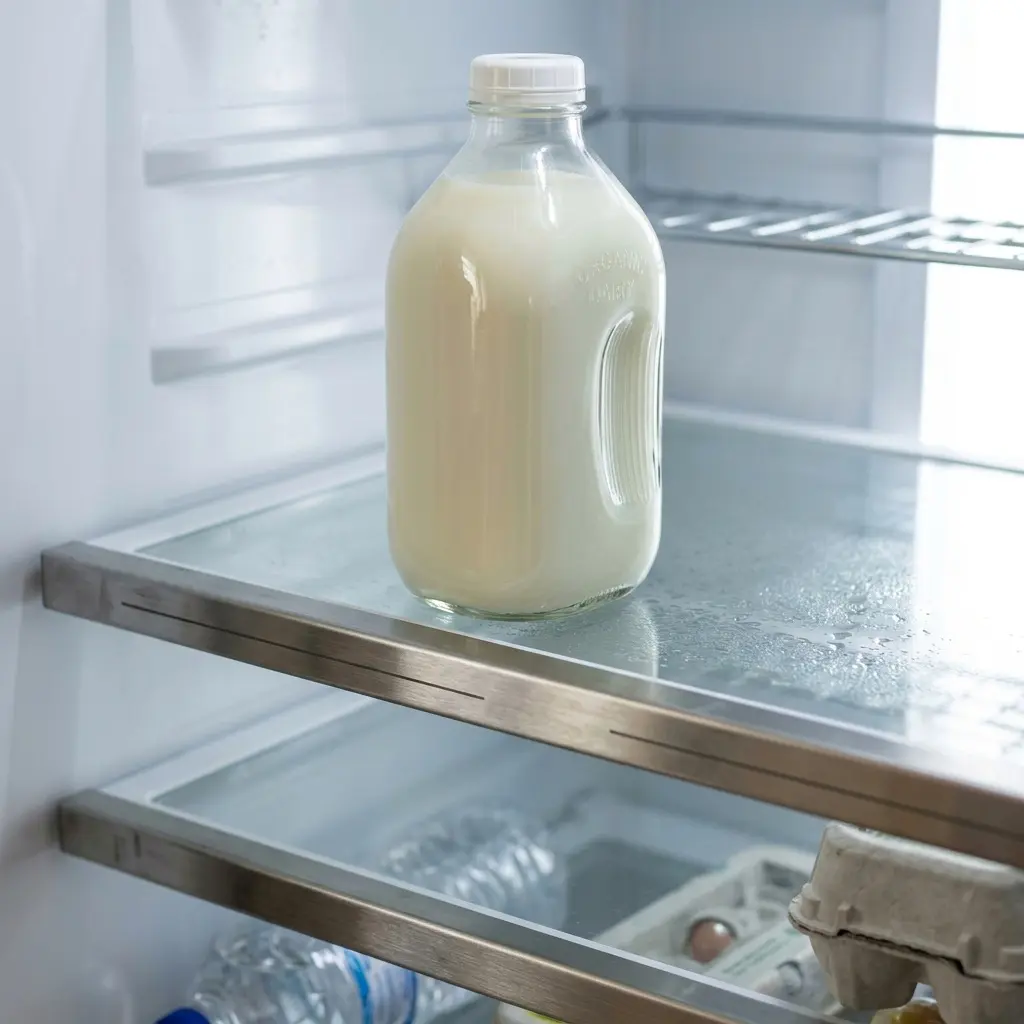 Glass shelf with metal trim holding heavy milk jug