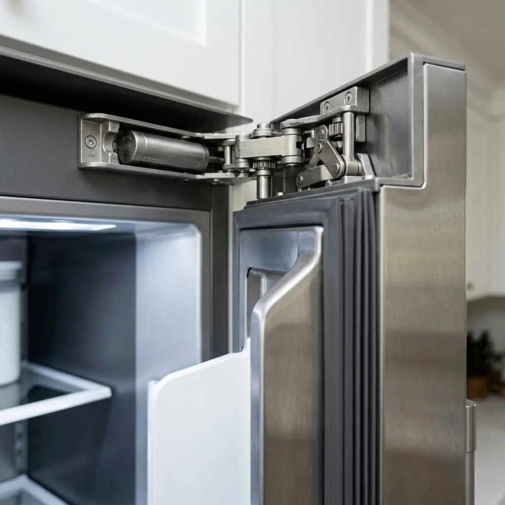 Close-up of a refrigerator's soft-close door hinge mechanism