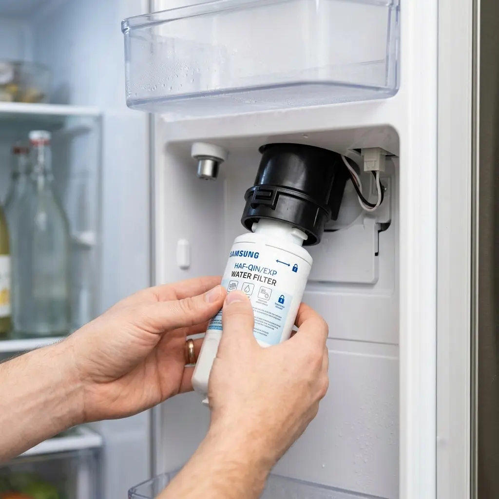 Water filter cartridge being replaced in refrigerator door