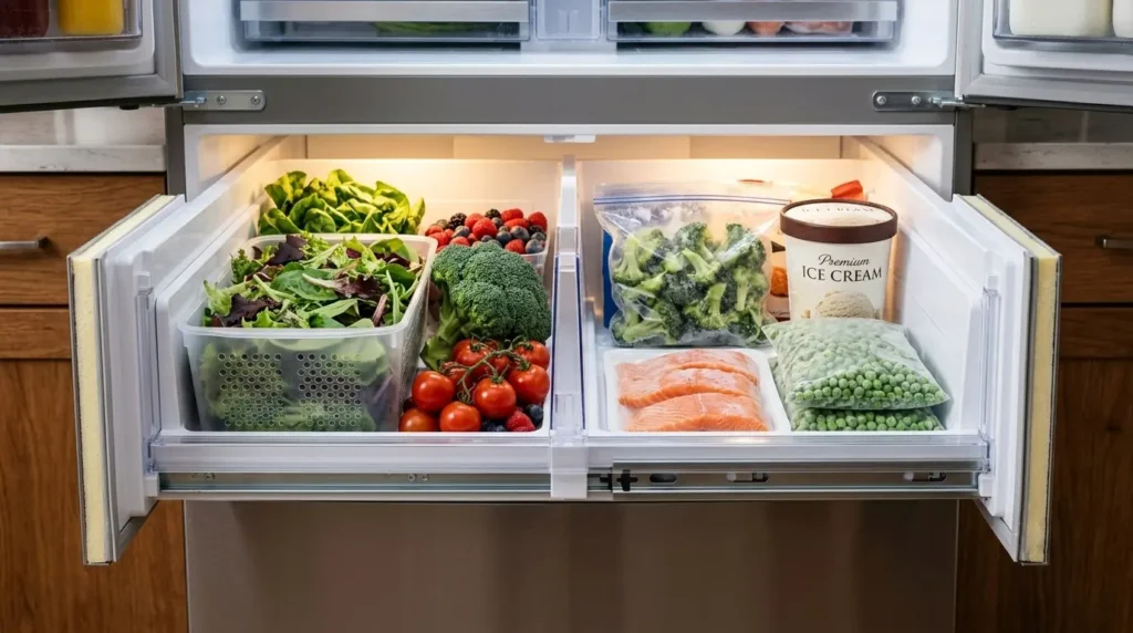 Samsung 4-Door Flex convertible zone shown with fresh and frozen food storage