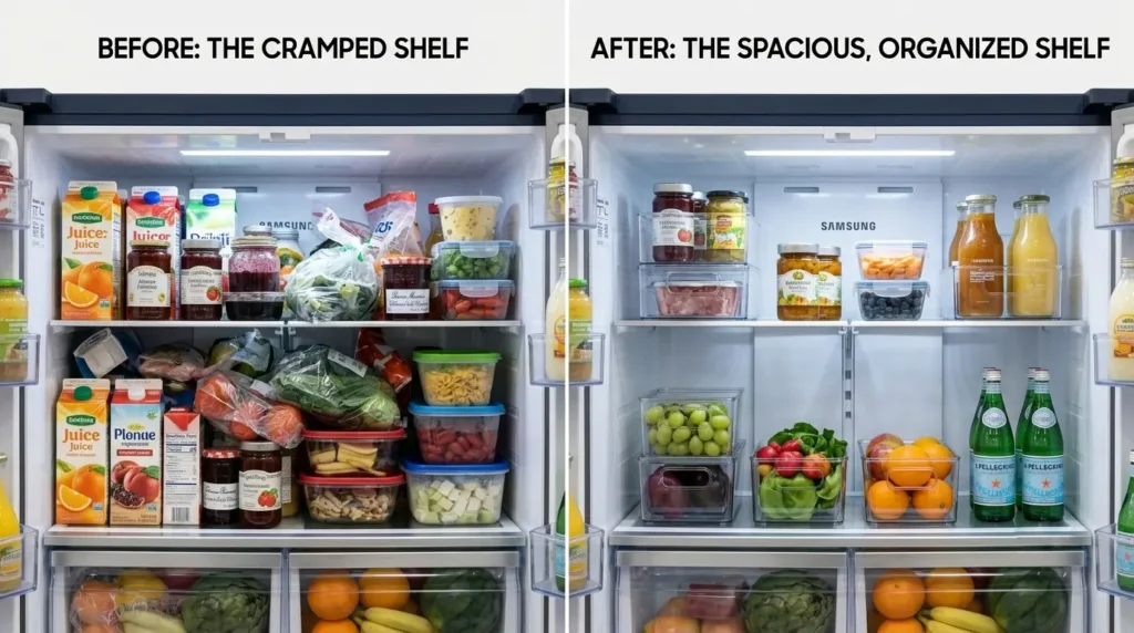Overcrowded versus properly spaced refrigerator shelf comparison for large families