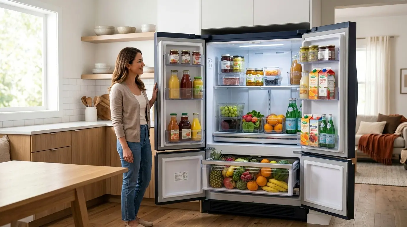 Samsung refrigerator for large families fully stocked with groceries in a modern kitchen