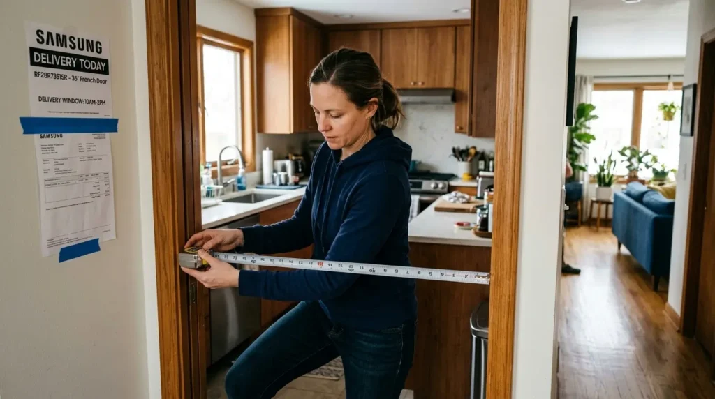 Measuring a kitchen doorway before Samsung refrigerator delivery for a large family