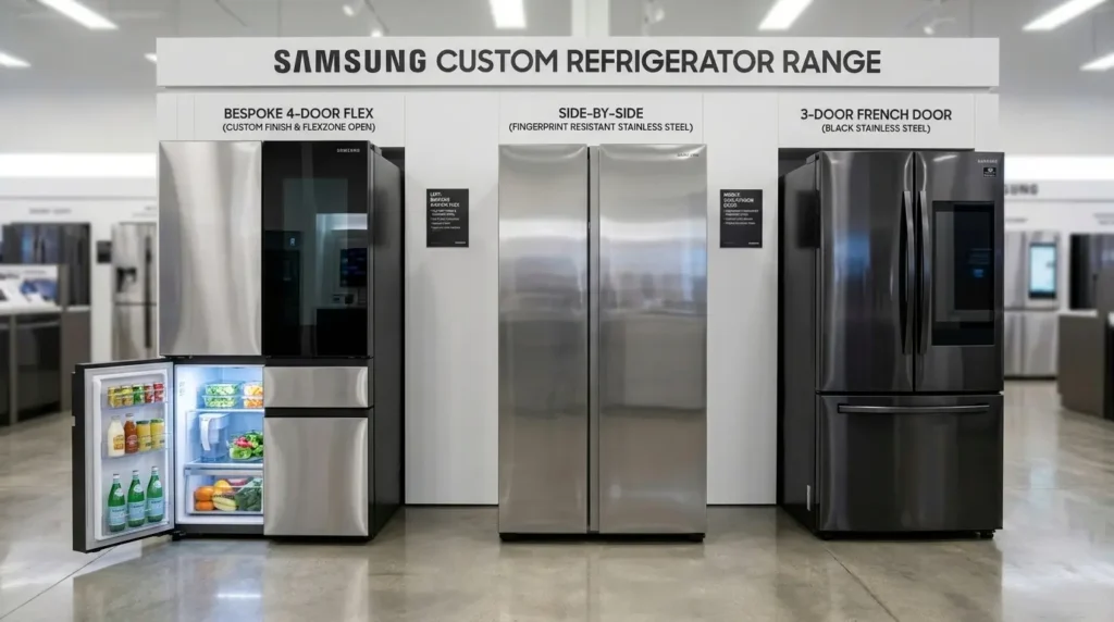 Samsung refrigerator lineup comparing French Door, Side-by-Side, and 4-Door Flex models