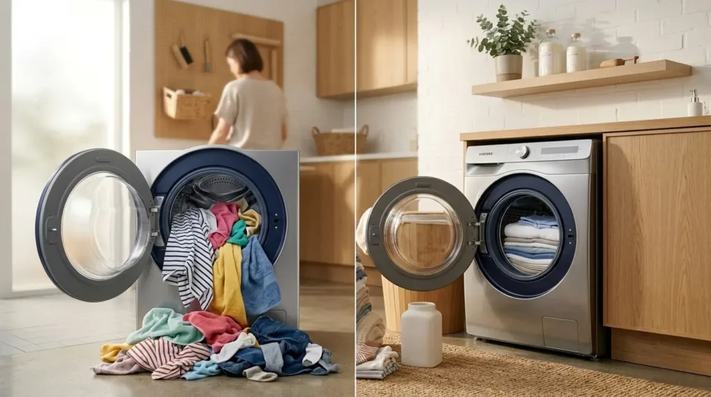 Samsung washing machine sized for a family of four with folded laundry