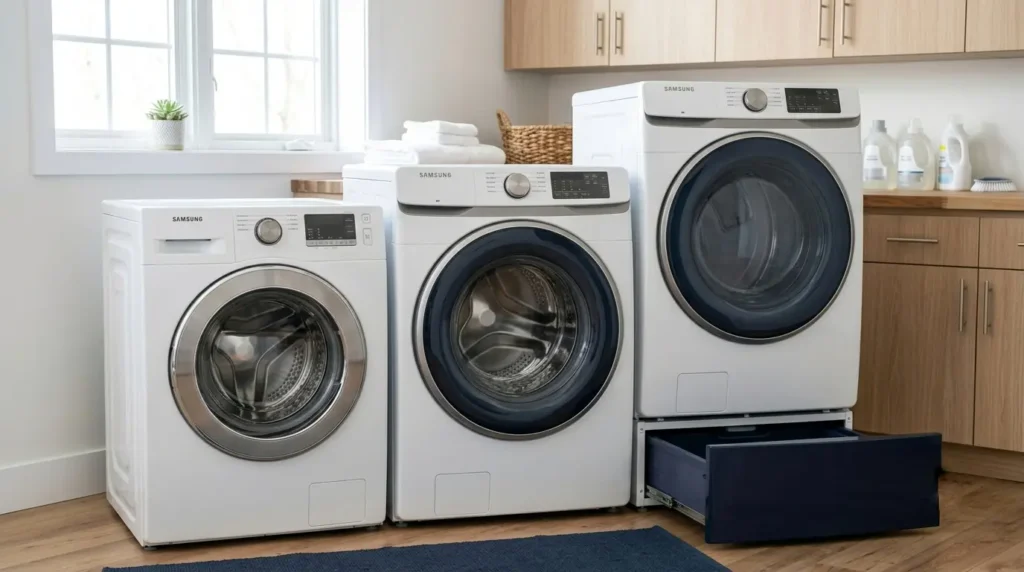 Samsung washing machines of different capacities compared side by side