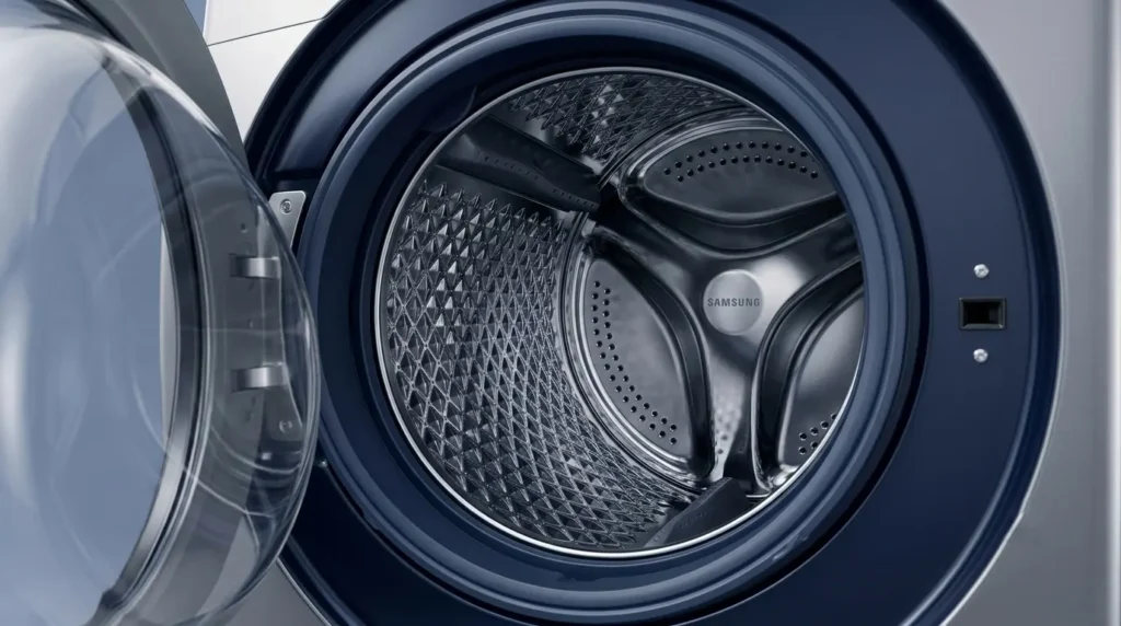 Close-up of Samsung washing machine drum showing interior capacity