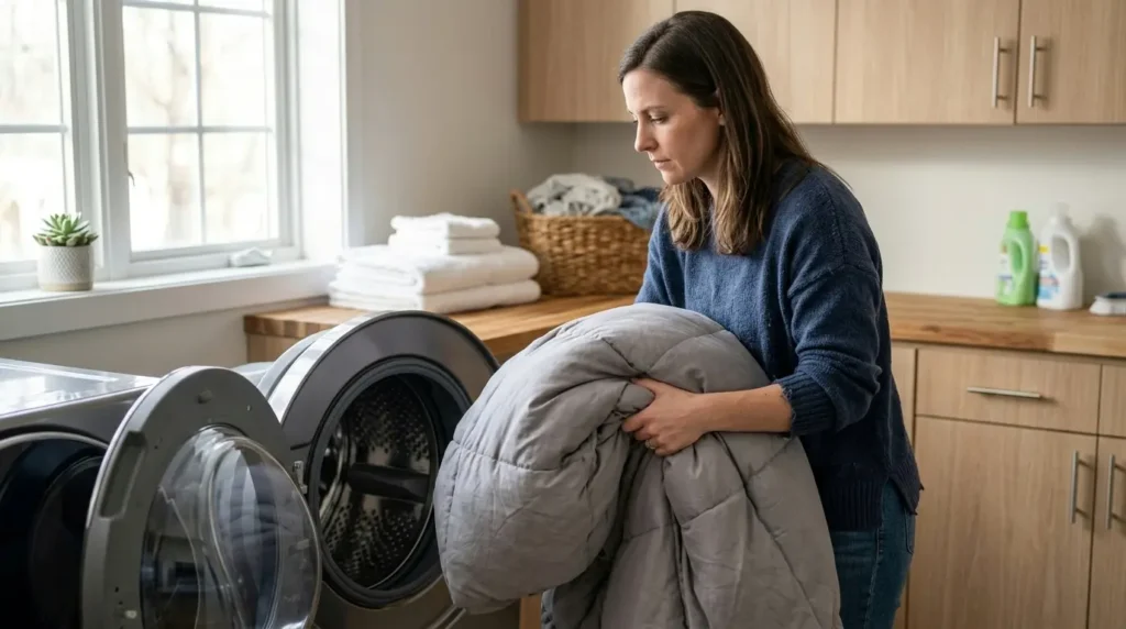 Loading a large comforter into a Samsung washing machine to test drum capacity