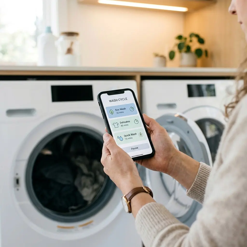 Person using a smart laundry app on a smartphone next to a front load washer