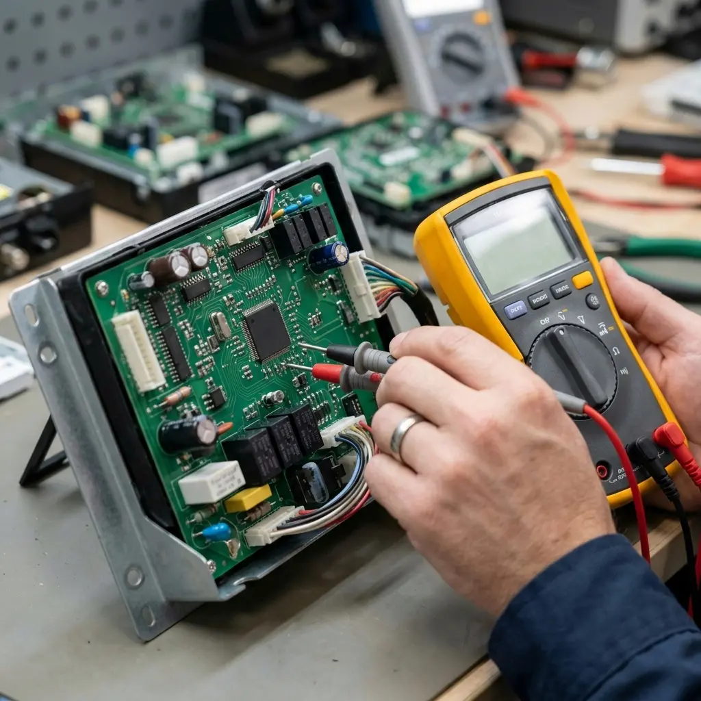 Technician testing refrigerator control board with multimeter
