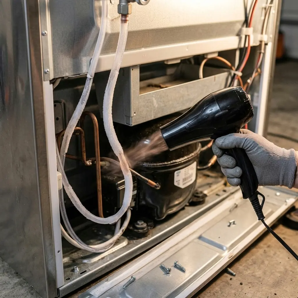 Thawing a frozen LG refrigerator water line with a hairdryer