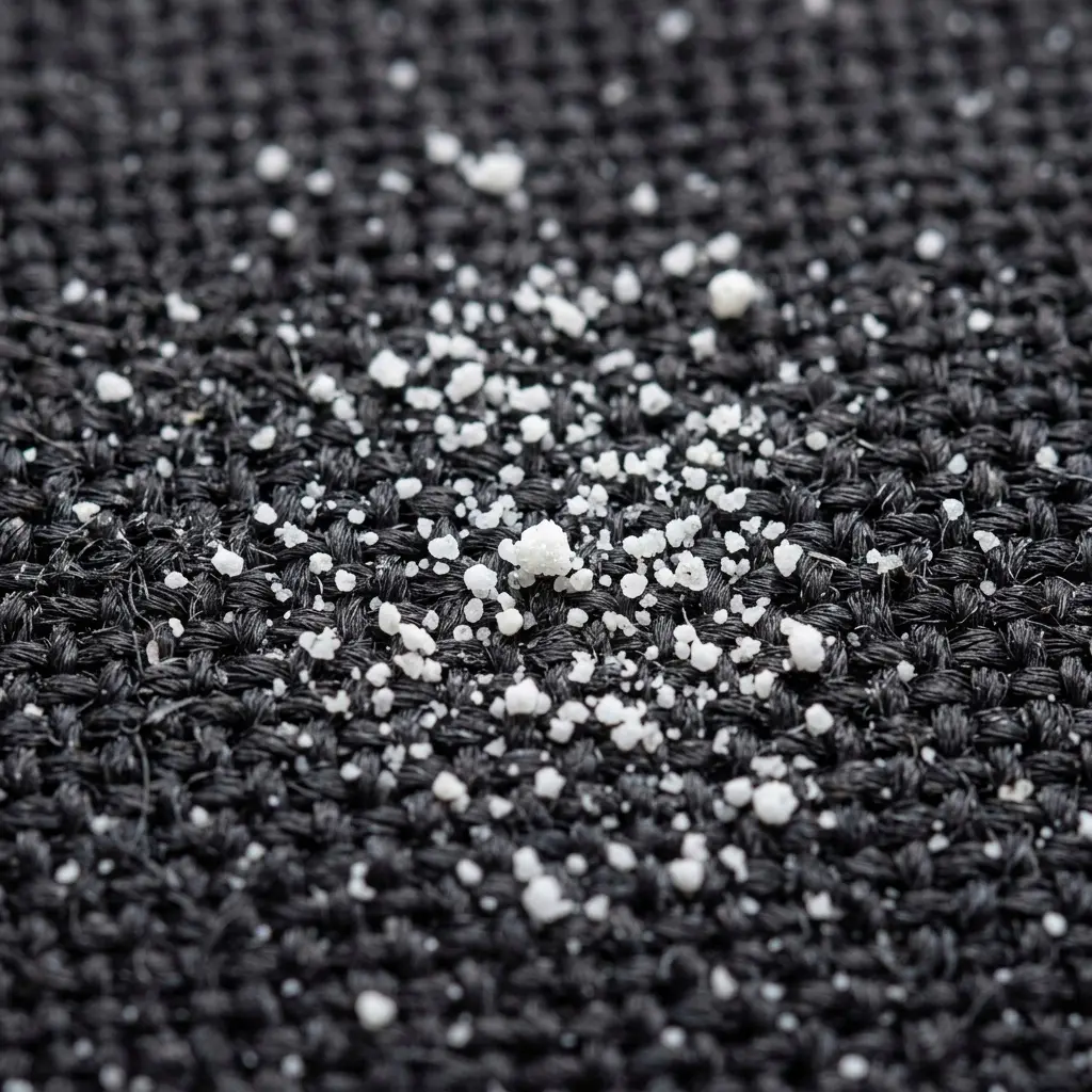 Undissolved powder detergent granules on dark fabric