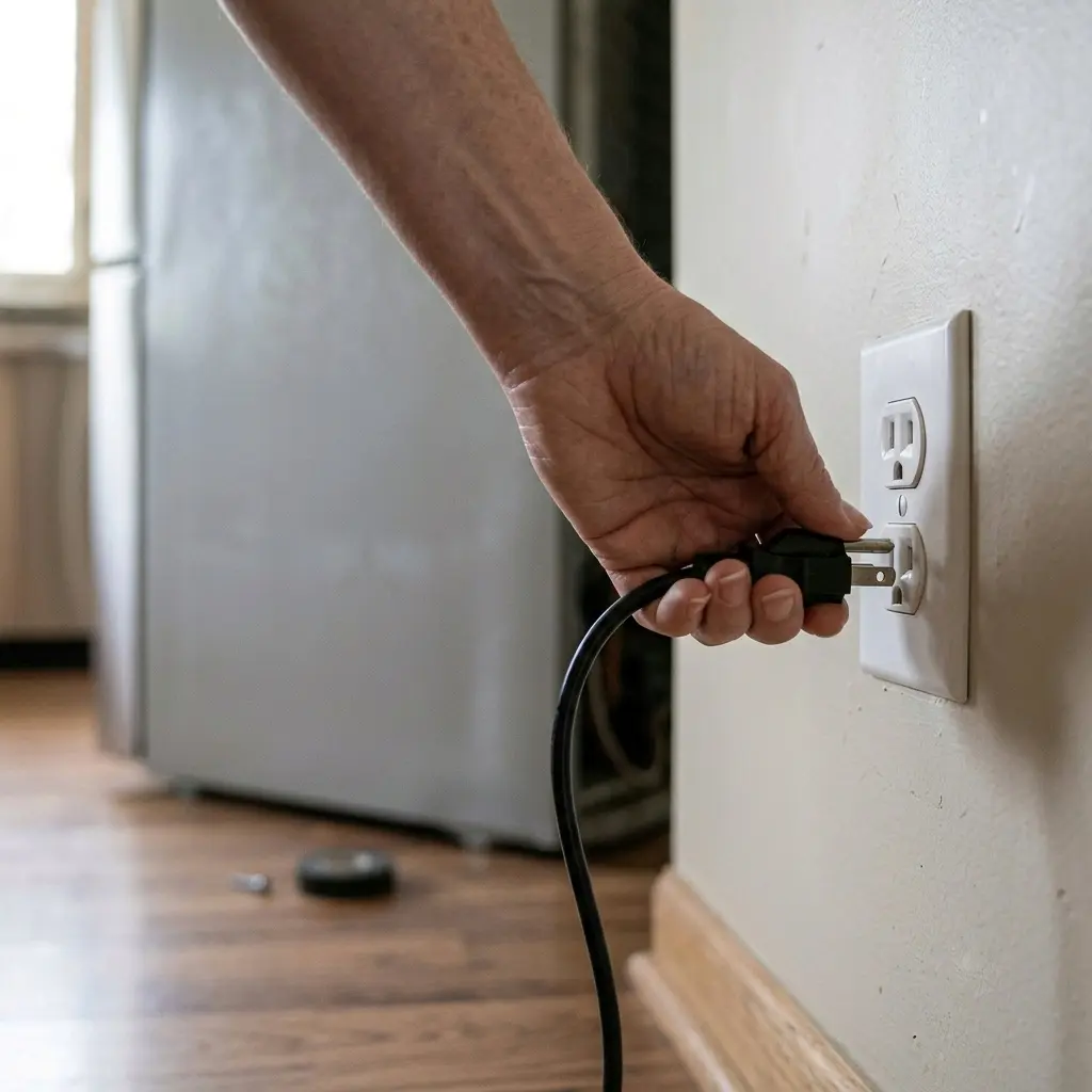 Unplugging LG refrigerator power cord before starting dispenser repair