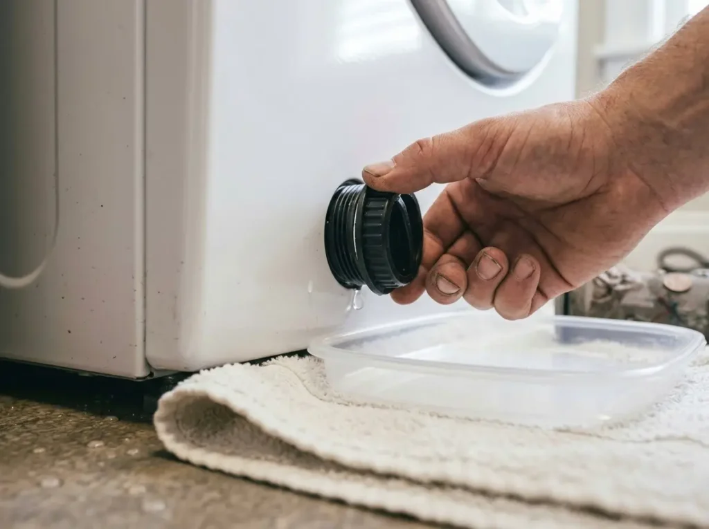Hand turning a washer drain filter cap counterclockwise with a towel and pan placed underneath
