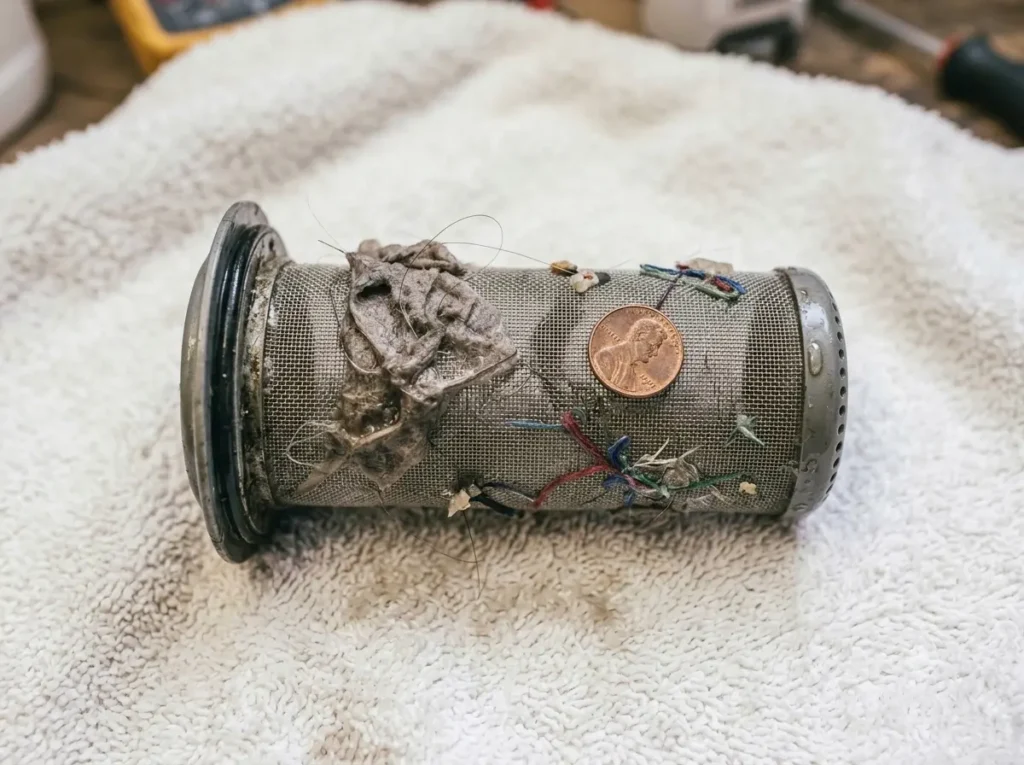 Removed washer drain filter showing trapped lint, coins, and debris resting on a towel