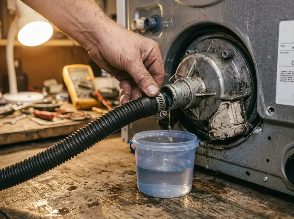 Hand disconnecting a washer drain hose from the pump housing to check for a clog